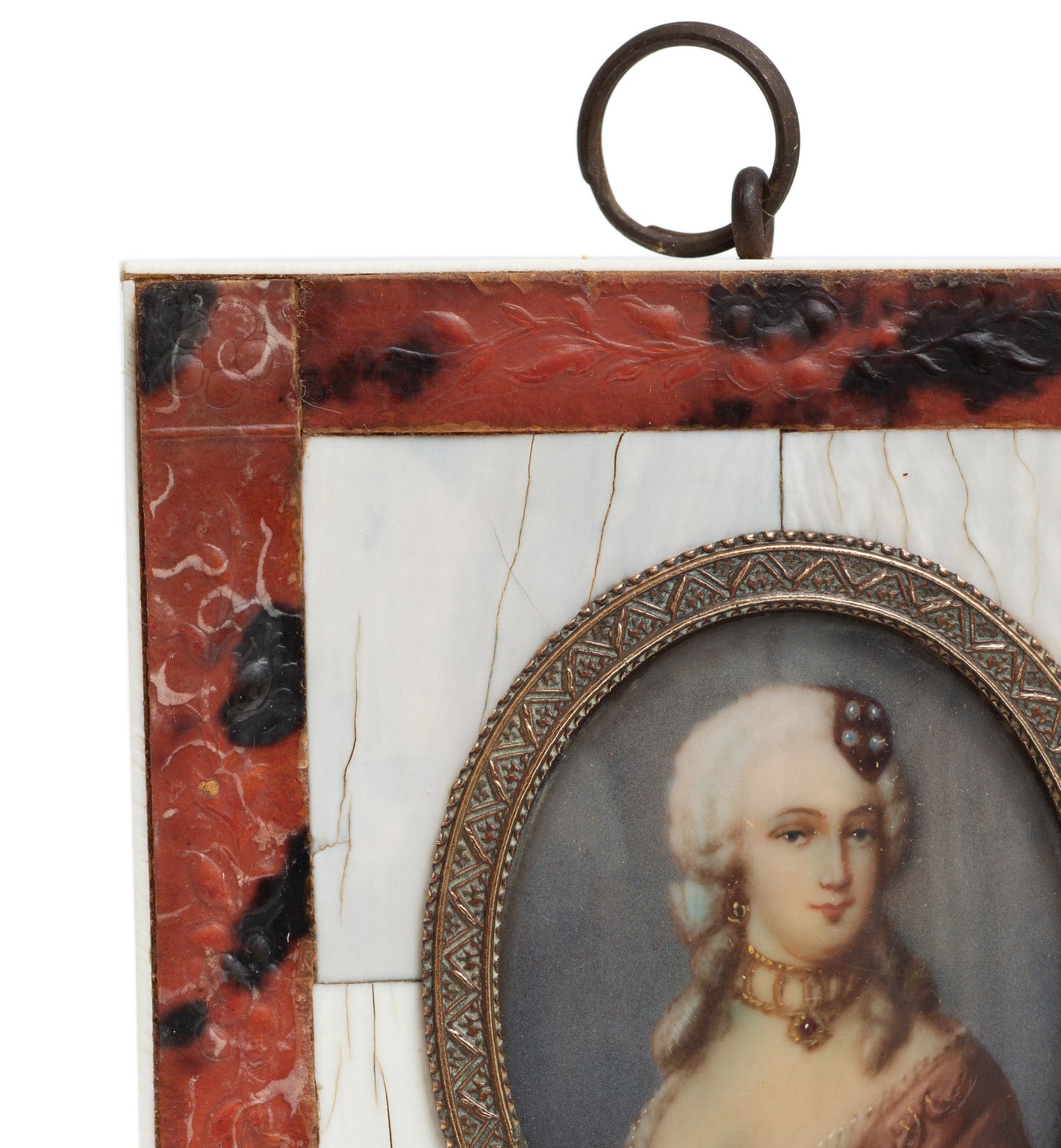 Antique French Portrait Miniature of an Aristocratic Lady In Gilt Metal Mount (Code 2222)