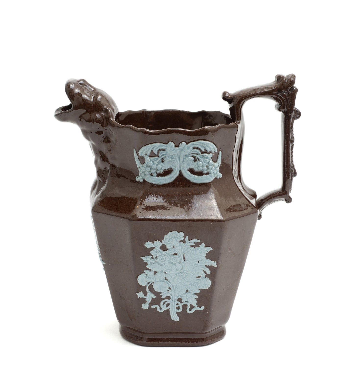 Victorian Relief Moulded Pottery Table Jug with Blue Applique & Ape Head Spout c1870 (Code 2230)