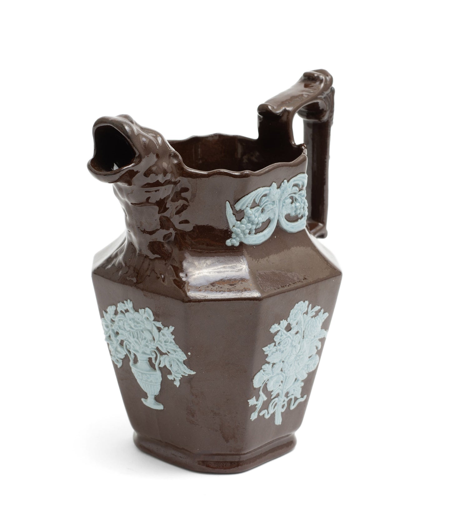 Victorian Relief Moulded Pottery Table Jug with Blue Applique & Ape Head Spout c1870 (Code 2230)