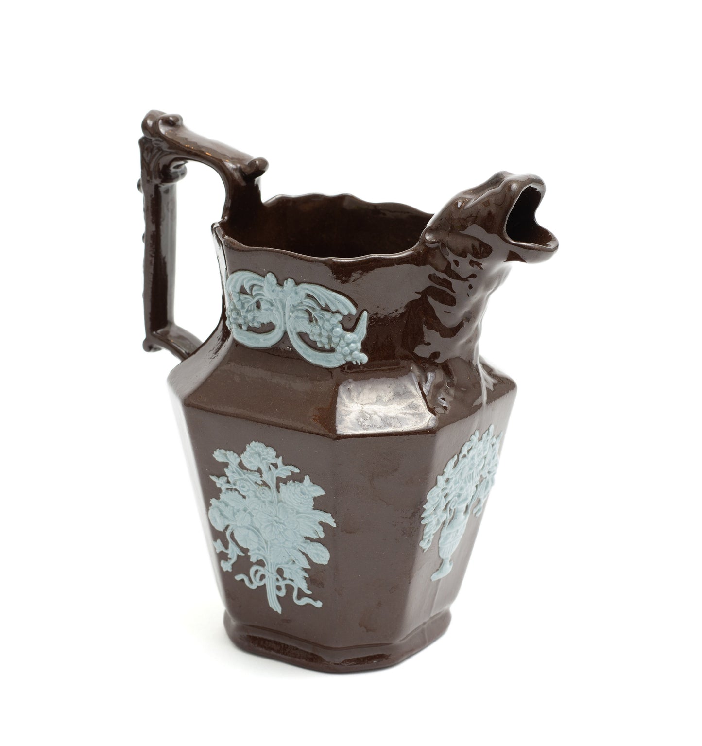 Victorian Relief Moulded Pottery Table Jug with Blue Applique & Ape Head Spout c1870 (Code 2230)