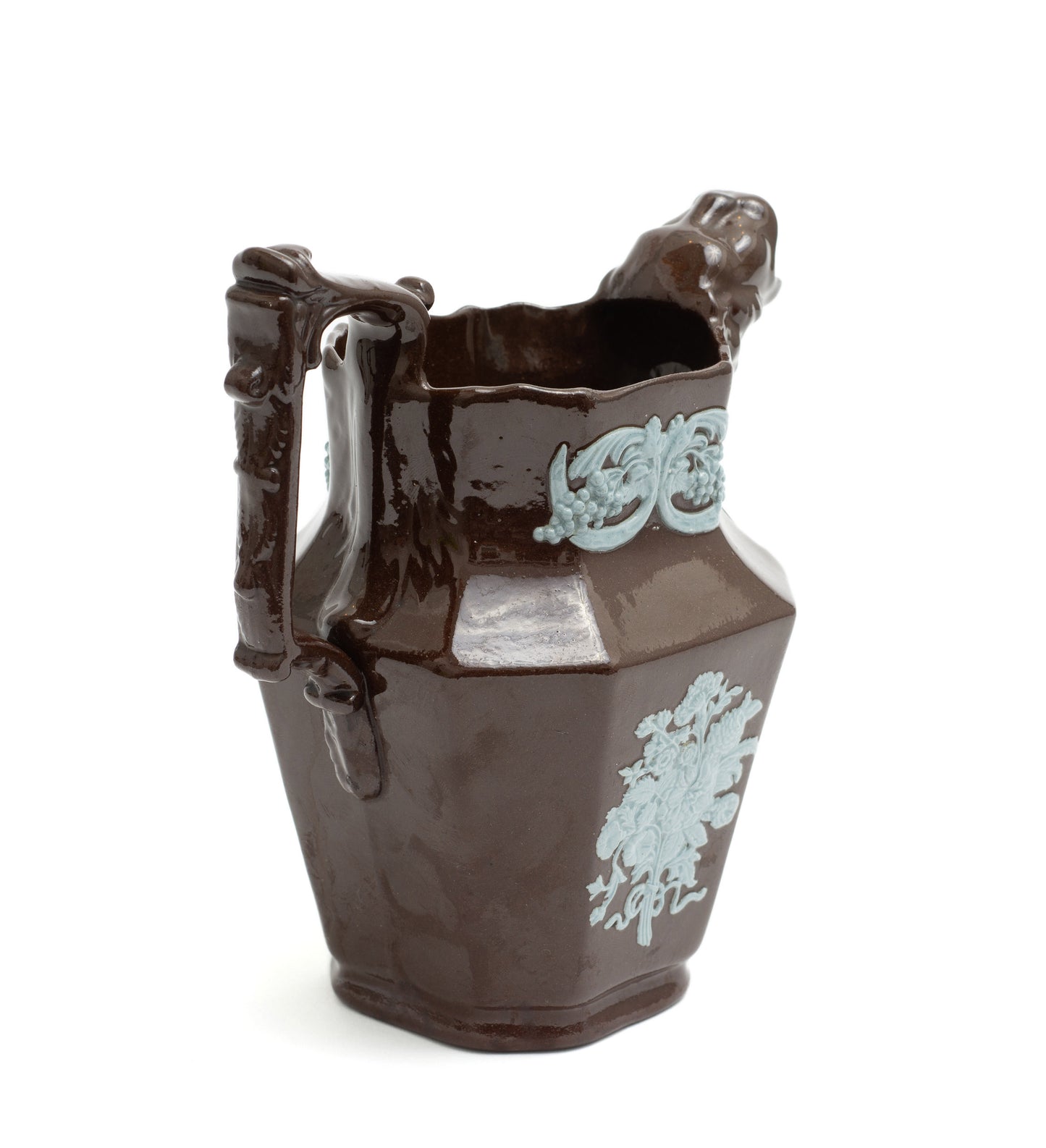 Victorian Relief Moulded Pottery Table Jug with Blue Applique & Ape Head Spout c1870 (Code 2230)