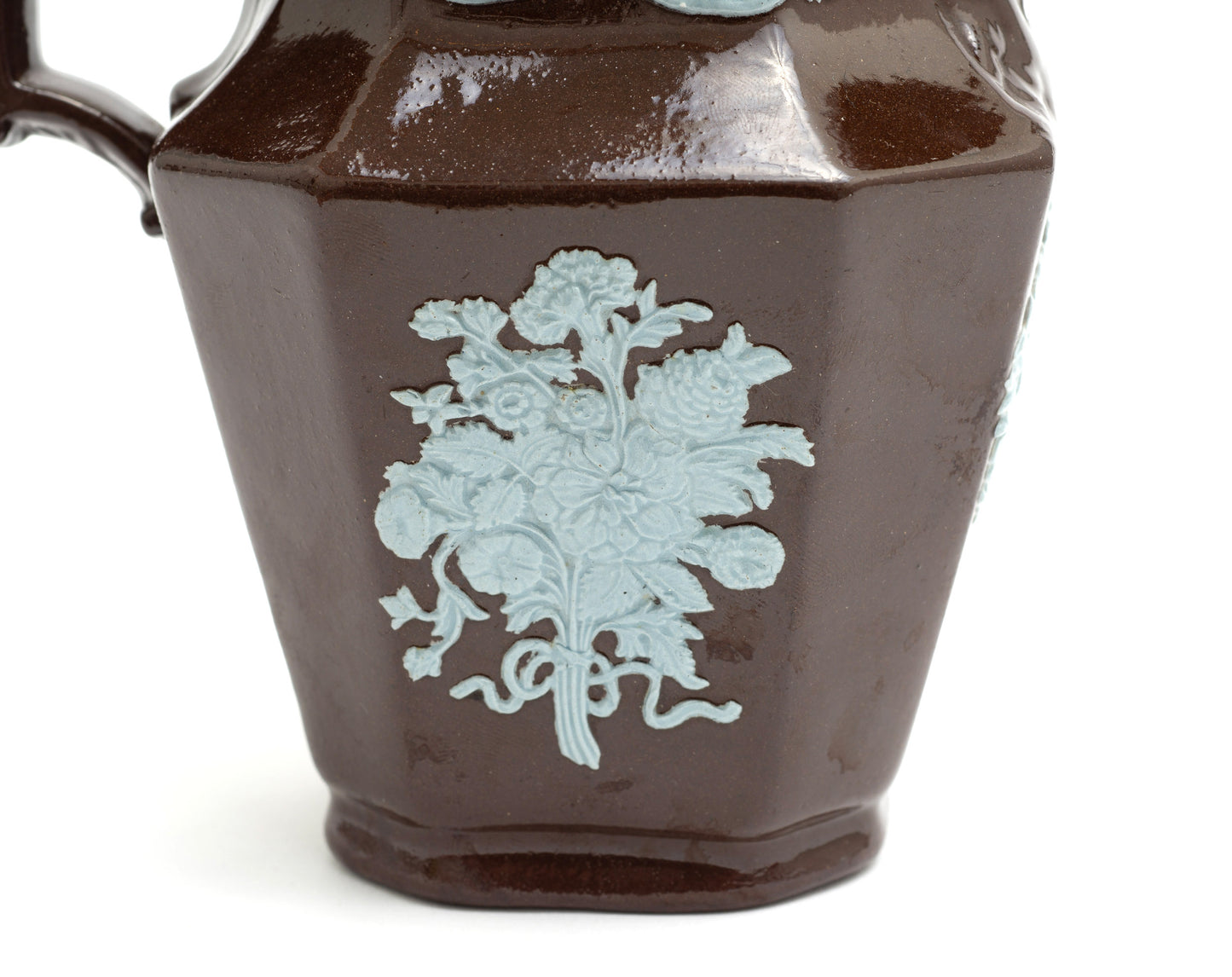 Victorian Relief Moulded Pottery Table Jug with Blue Applique & Ape Head Spout c1870 (Code 2230)