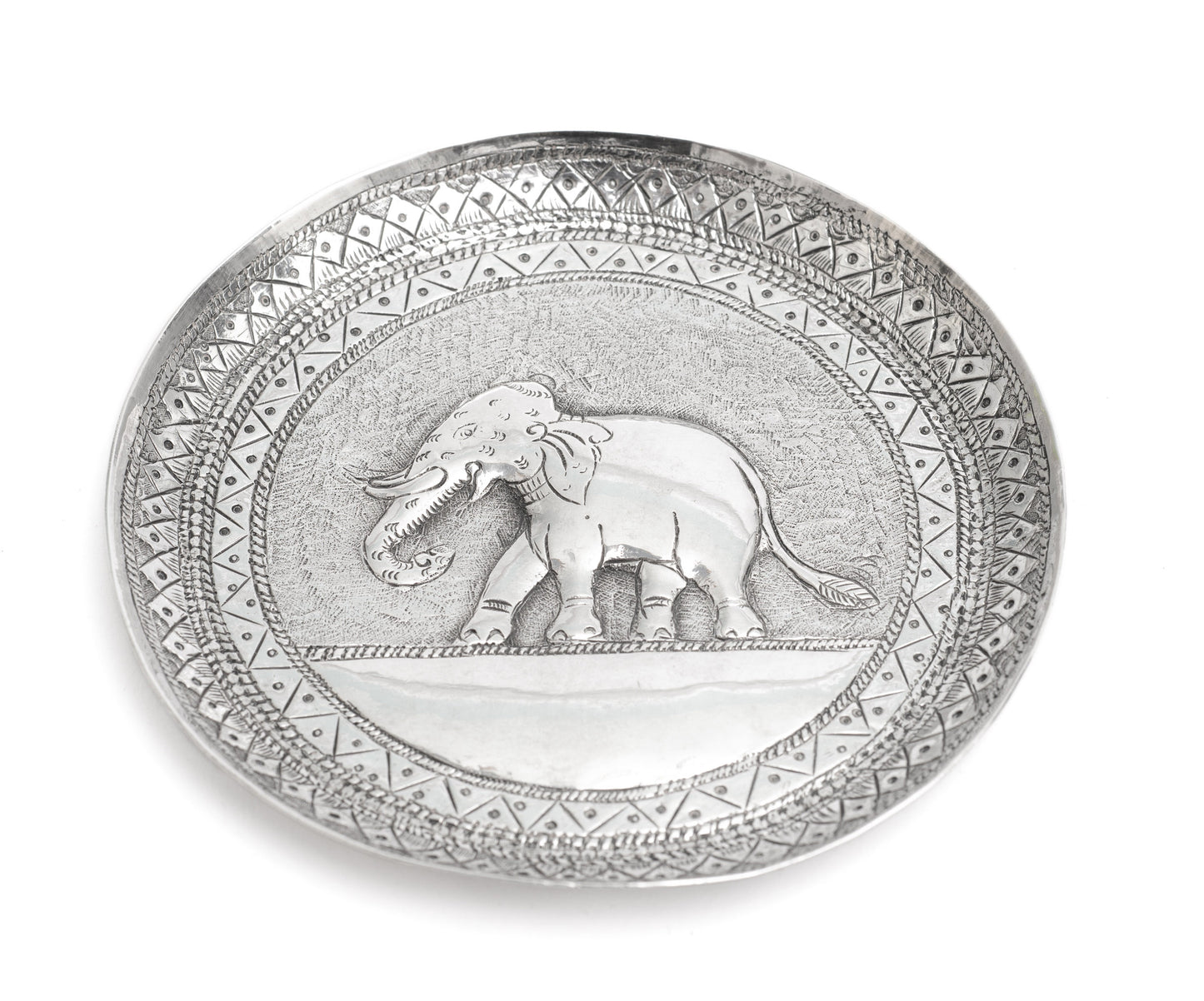 Antique Sri Lankan Hand Made Silver Dish with Repousse Elephant c1900 (Code 2251)
