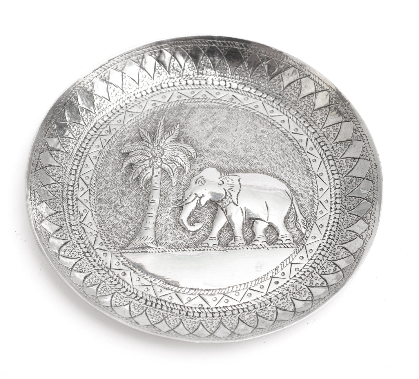 Antique Sri Lankan Hand Made Silver Dish with Repousse Elephant & Palm Tree (Code 2252)