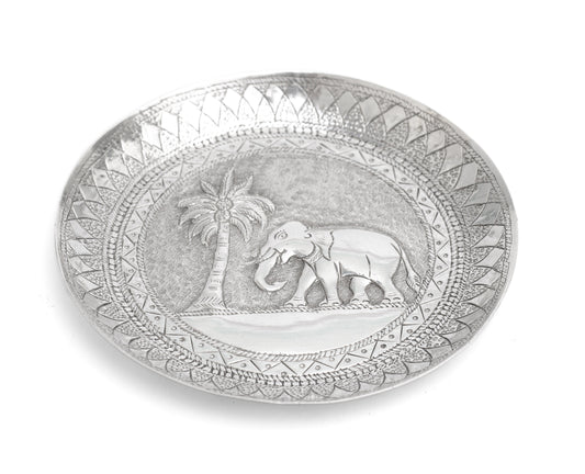 Antique Sri Lankan Hand Made Silver Dish with Repousse Elephant & Palm Tree (Code 2252)