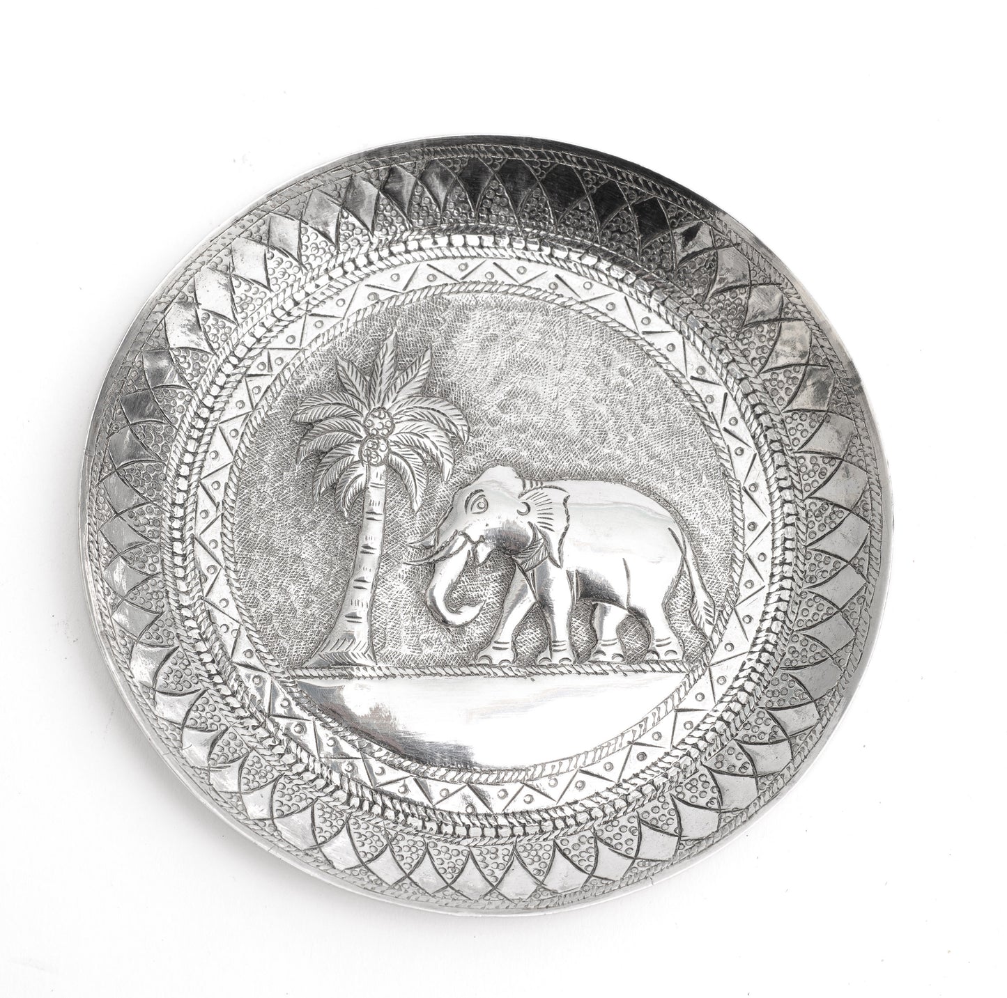 Antique Sri Lankan Hand Made Silver Dish with Repousse Elephant & Palm Tree (Code 2252)