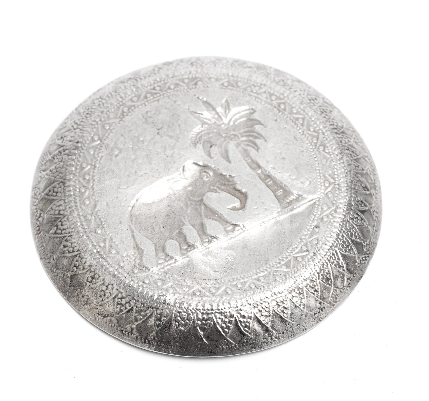 Antique Sri Lankan Hand Made Silver Dish with Repousse Elephant & Palm Tree (Code 2252)