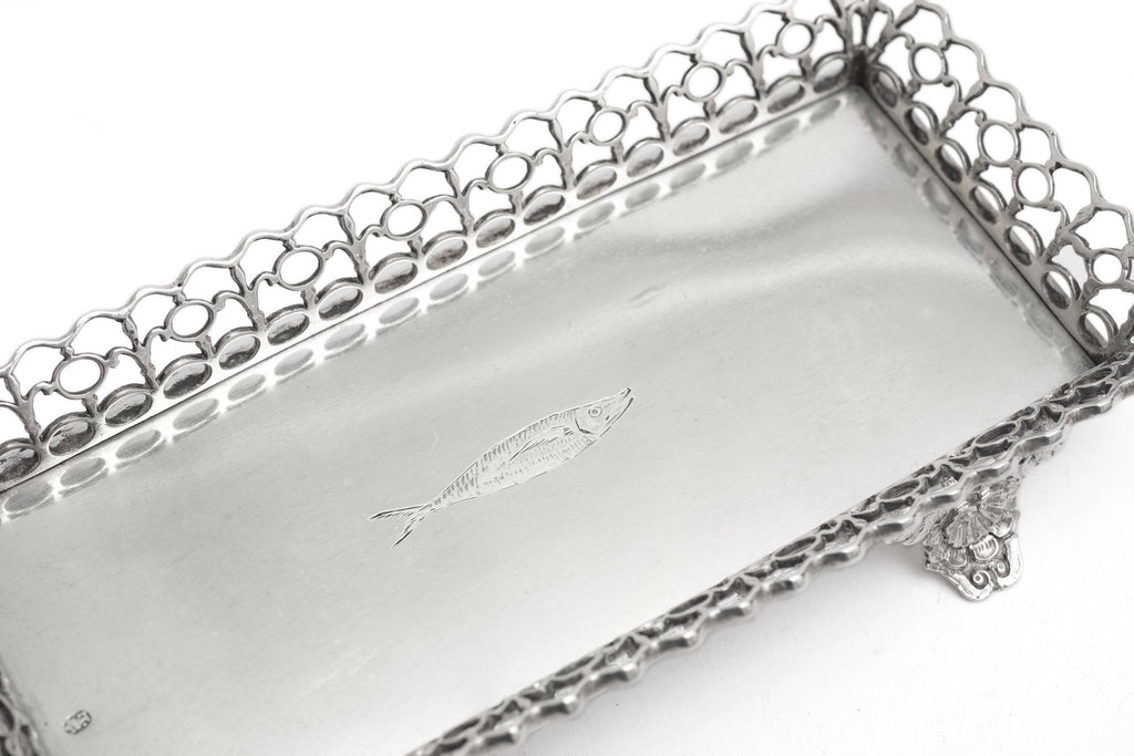 Antique Portuguese Silver Small Gallery Tray with Sardine & Lisbon Mark c1830 (Code 2256)