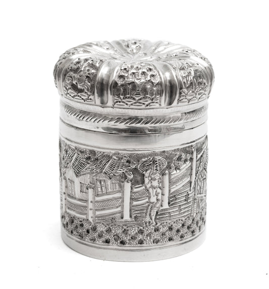 Antique Indian/Ceylonese Silver Repousse Lidded Box with Village Scene c1880 (Code 2258)