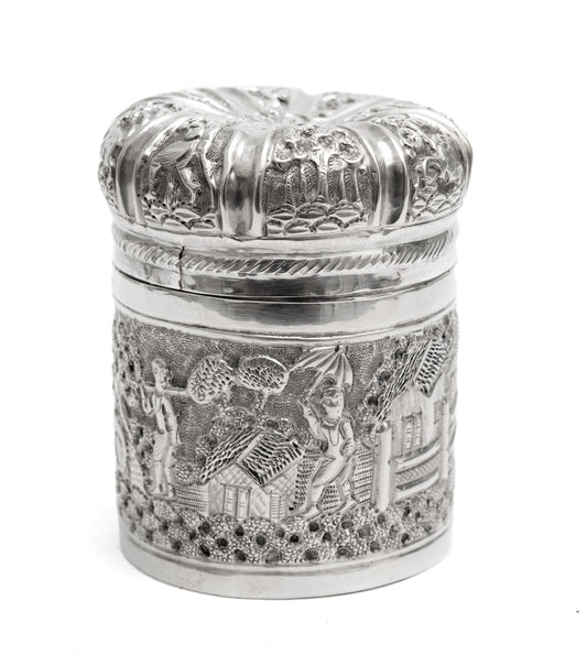 Antique Indian/Ceylonese Silver Repousse Lidded Box with Village Scene c1880 (Code 2258)