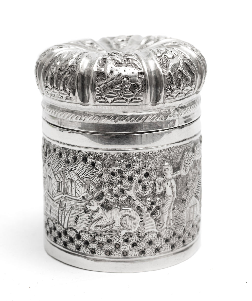 Antique Indian/Ceylonese Silver Repousse Lidded Box with Village Scene c1880 (Code 2258)