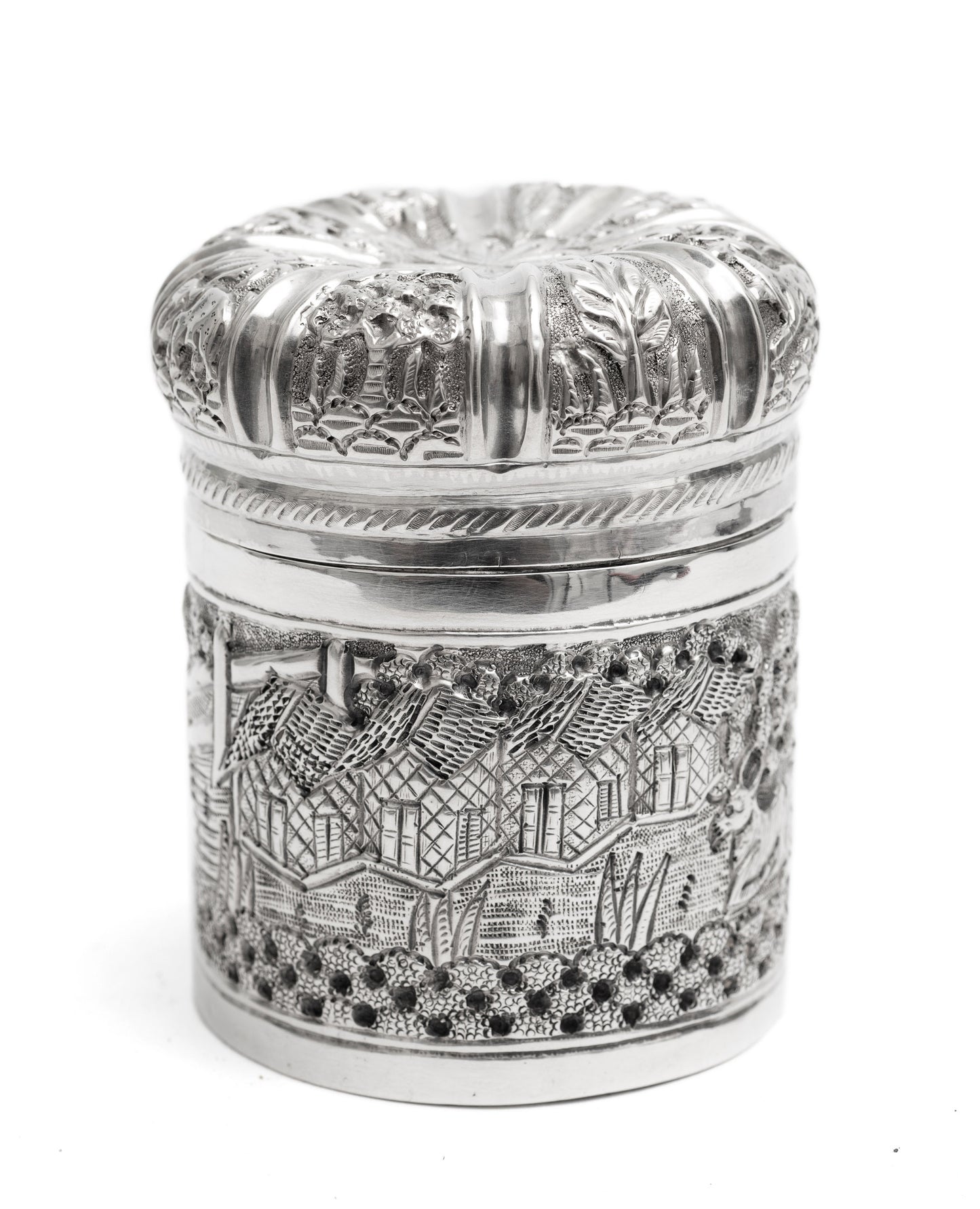 Antique Indian/Ceylonese Silver Repousse Lidded Box with Village Scene c1880 (Code 2258)