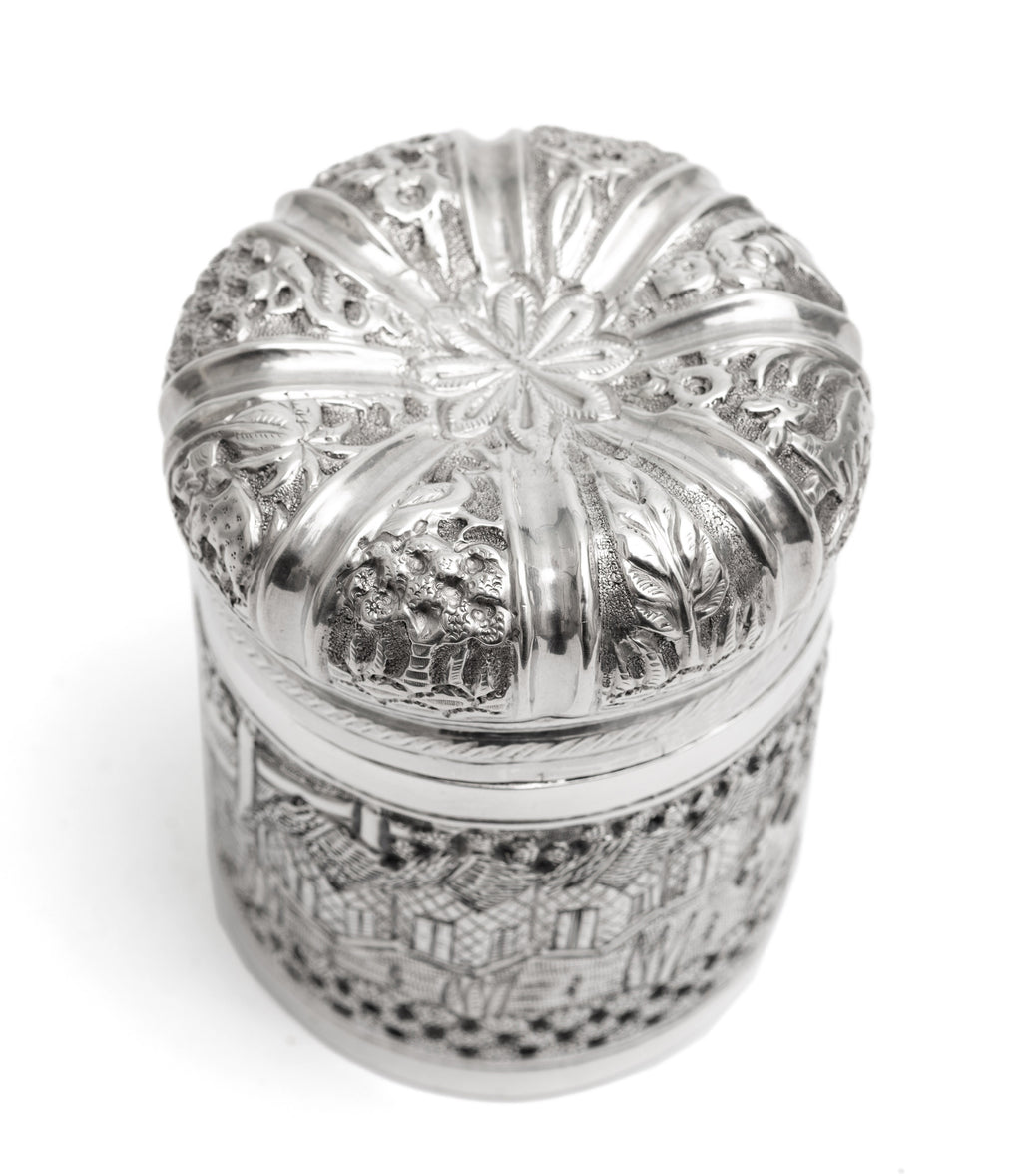 Antique Indian/Ceylonese Silver Repousse Lidded Box with Village Scene c1880 (Code 2258)