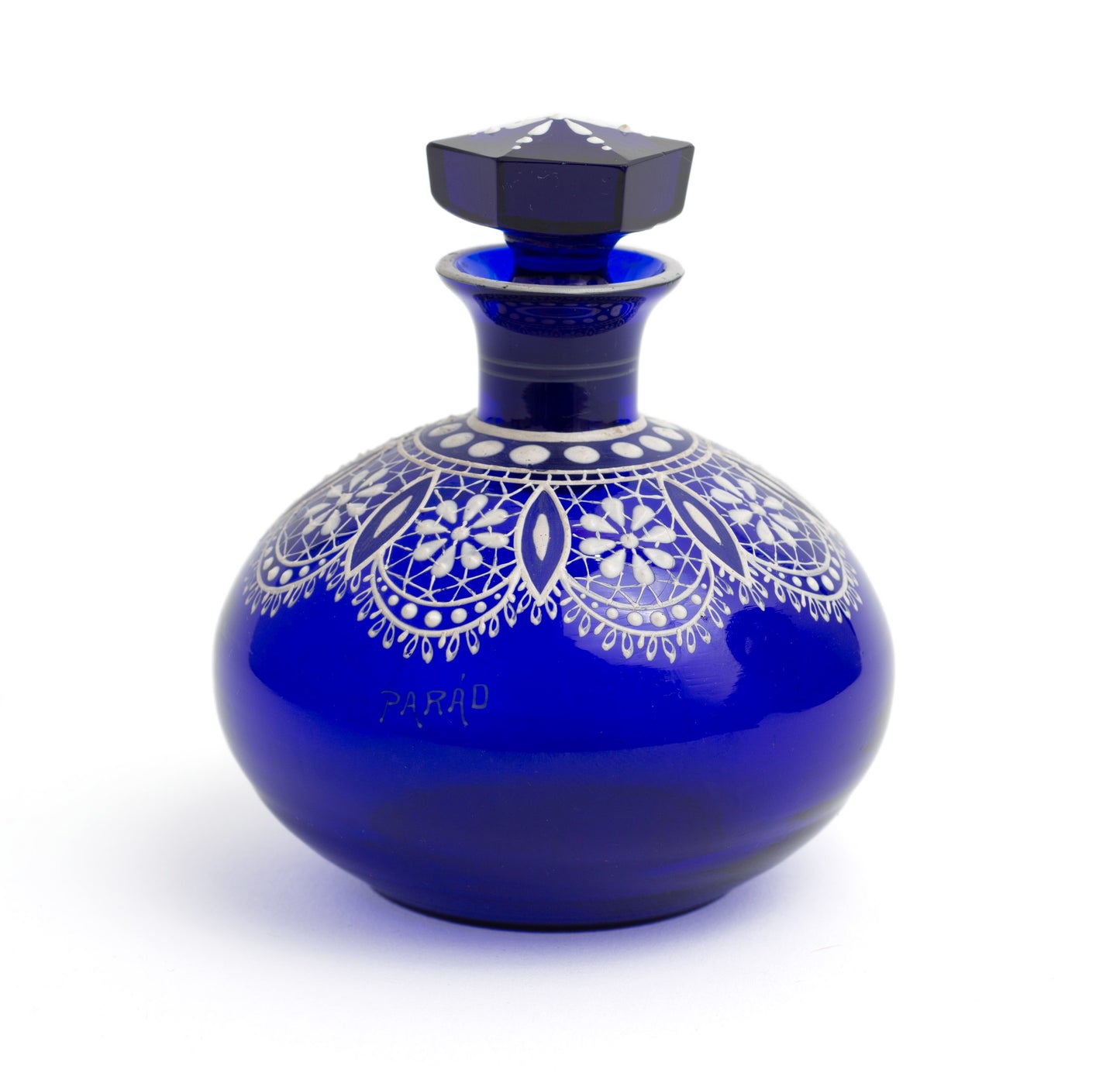 Parád Blue Lace Glass Perfume Scent Bottle - Antique Hungarian Enamelled Design (Code 2267)