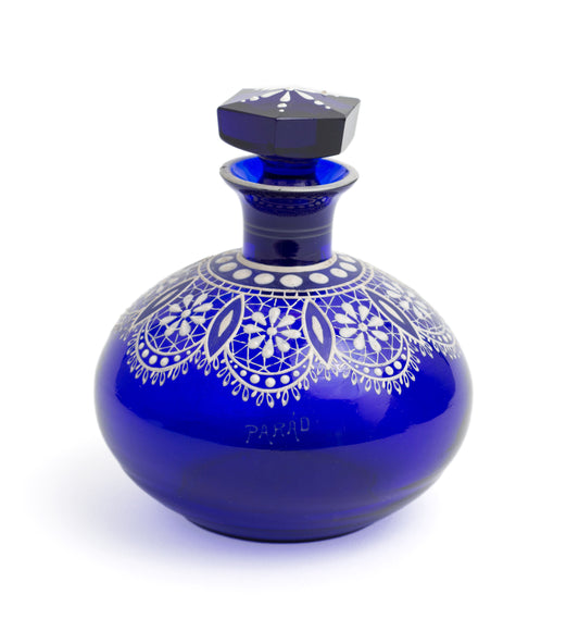 Parád Blue Lace Glass Perfume Scent Bottle - Antique Hungarian Enamelled Design (Code 2267)