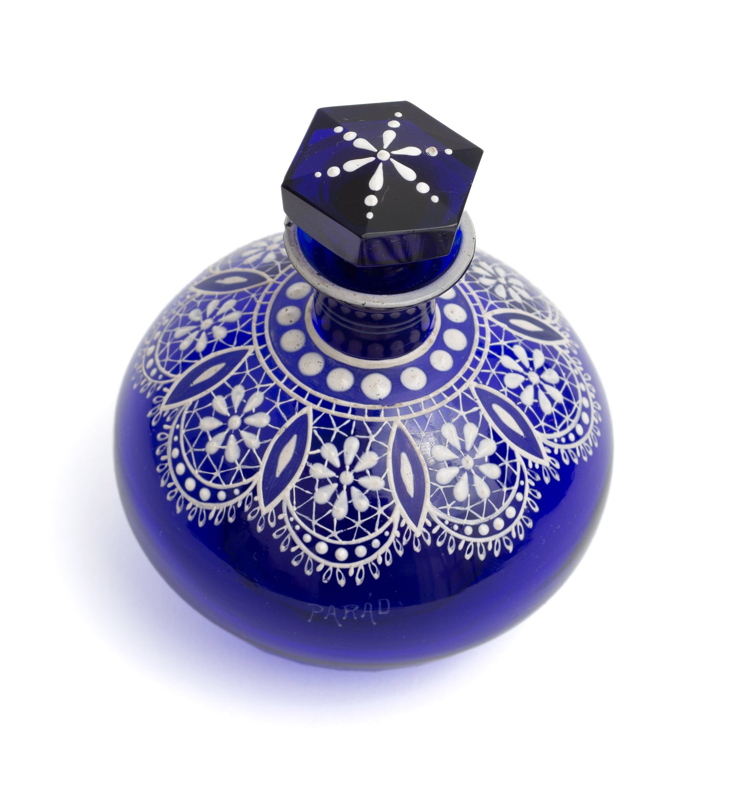 Parád Blue Lace Glass Perfume Scent Bottle - Antique Hungarian Enamelled Design (Code 2267)