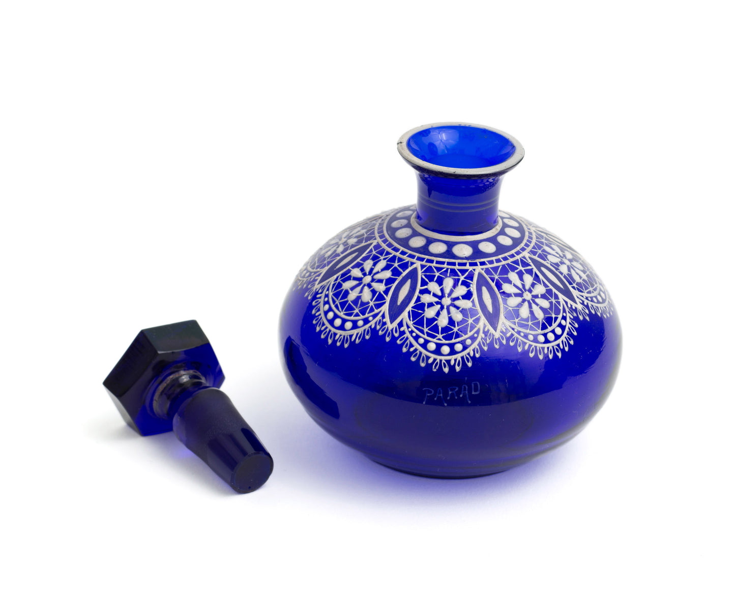 Parád Blue Lace Glass Perfume Scent Bottle - Antique Hungarian Enamelled Design (Code 2267)