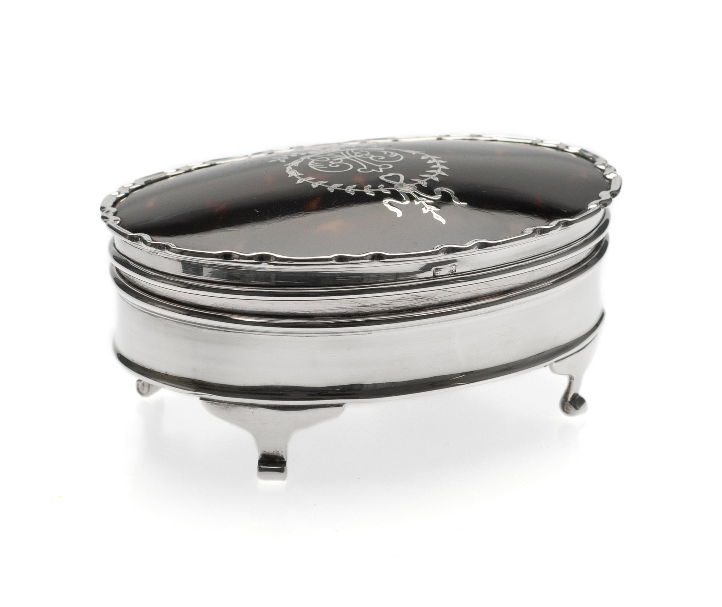 Antique Sterling Silver Ring / Jewel Box with Inlaid Lid & Fabric Lined Interior (Code 2302)