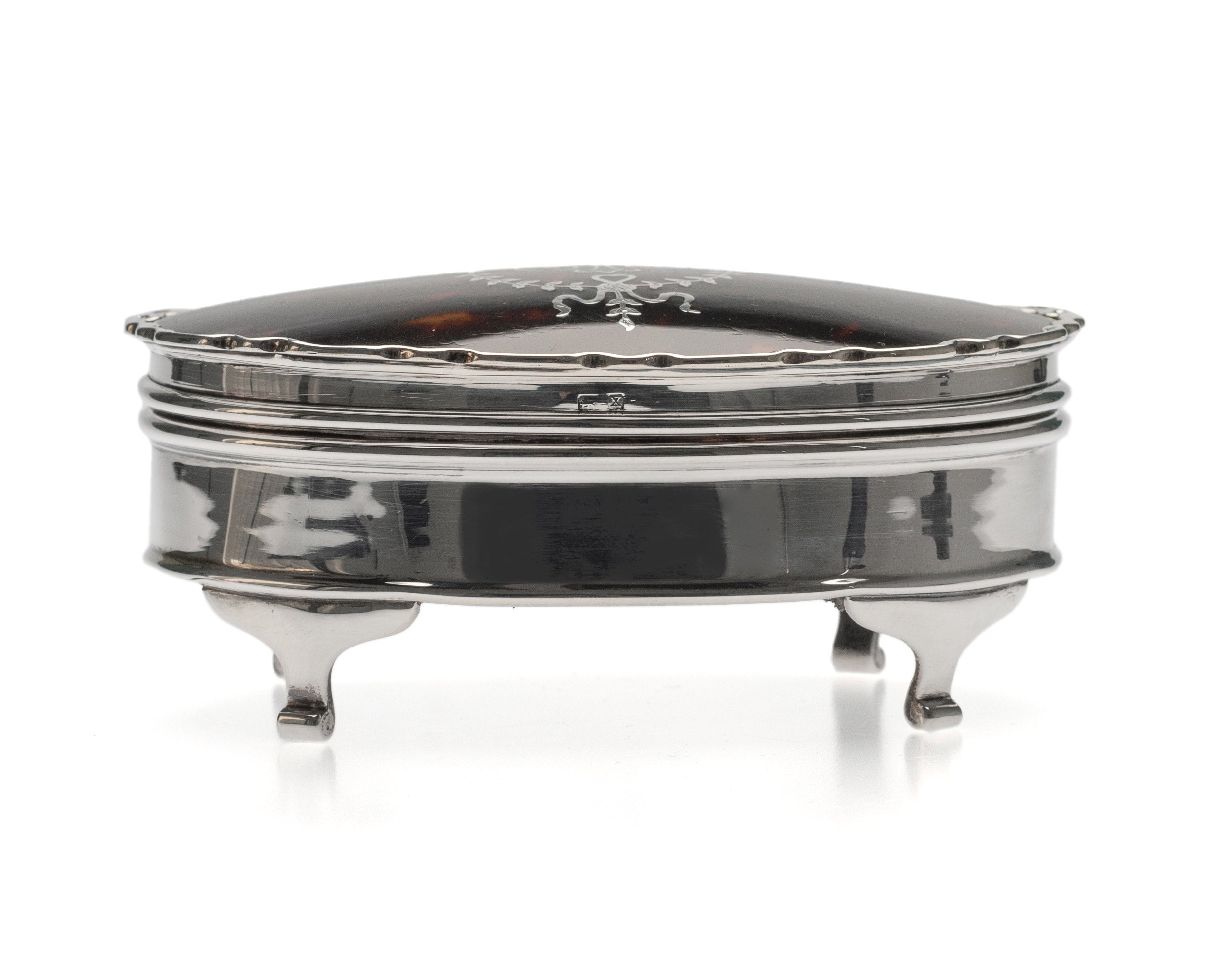 Antique Sterling Silver Ring / Jewel Box with Inlaid Lid & Fabric Lined Interior (Code 2302)
