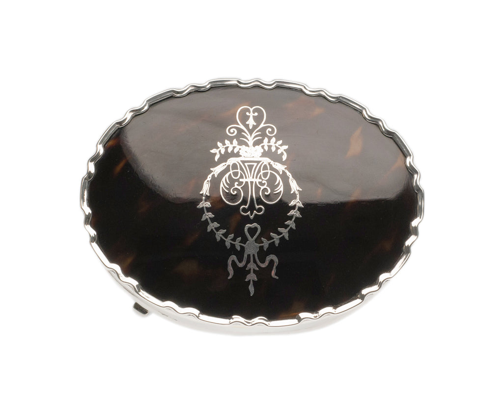 Antique Sterling Silver Ring / Jewel Box with Inlaid Lid & Fabric Lined Interior (Code 2302)