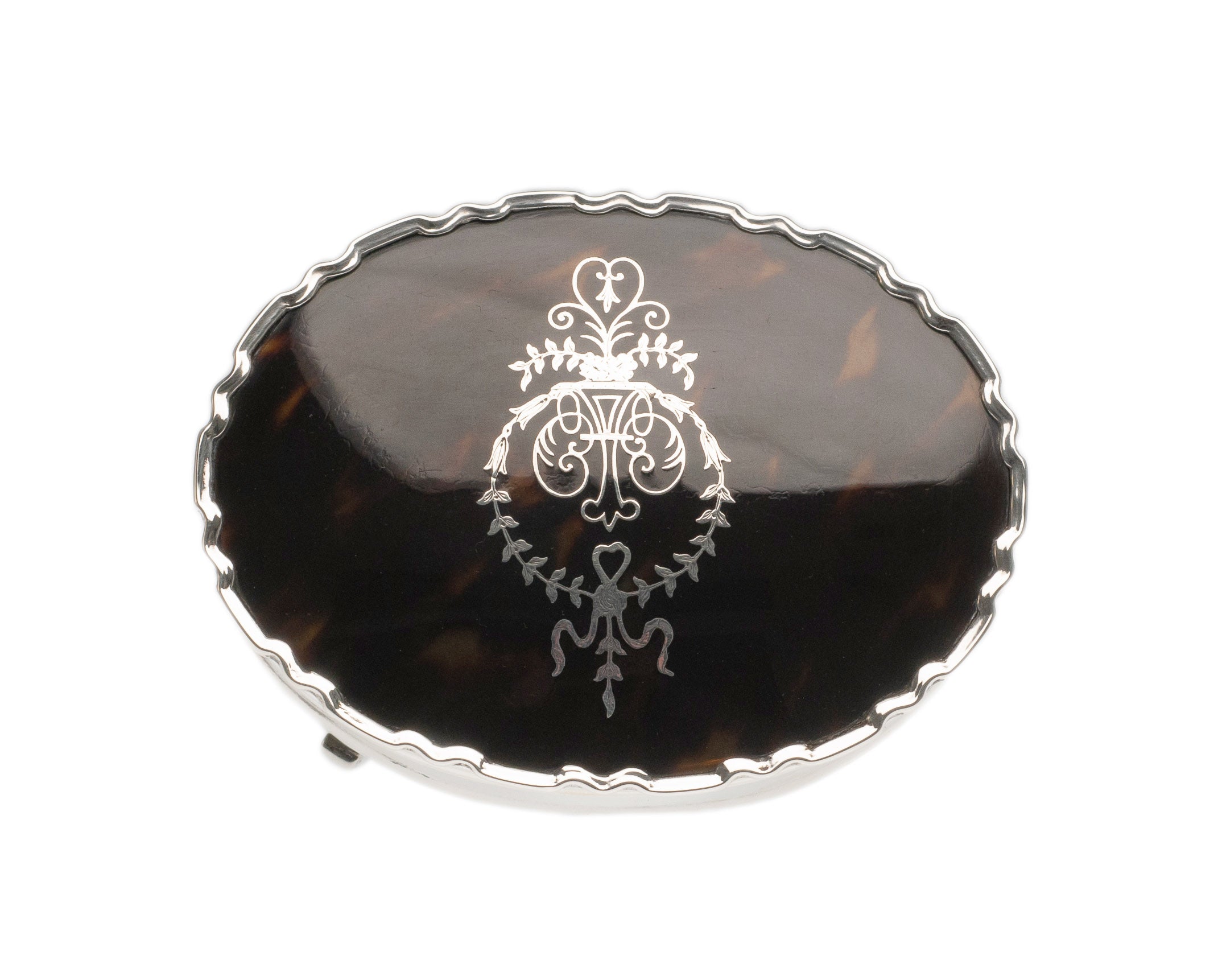 Antique Sterling Silver Ring / Jewel Box with Inlaid Lid & Fabric Lined Interior (Code 2302)