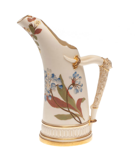 Antique Royal Worcester China Ivory Ground Tusk Jug with Pink & Blue Flowers (Code 2303)