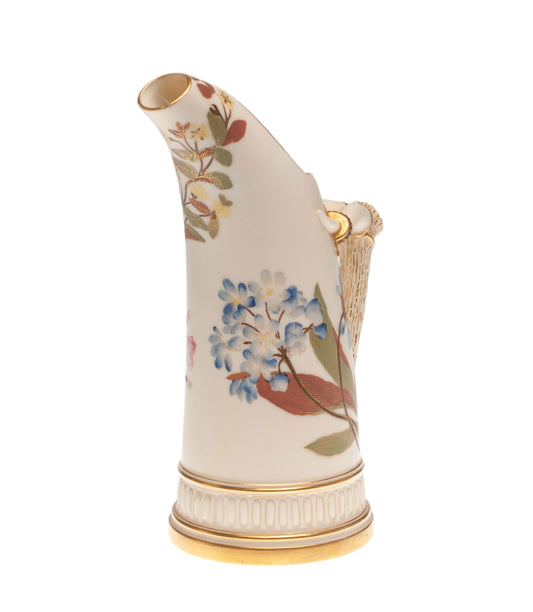 Antique Royal Worcester China Ivory Ground Tusk Jug with Pink & Blue Flowers (Code 2303)