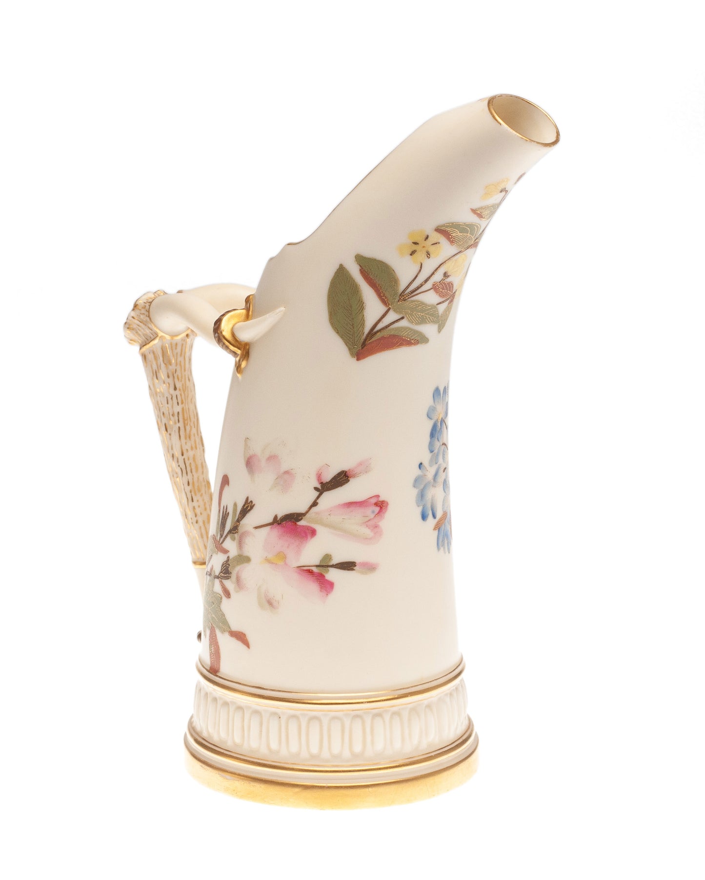 Antique Royal Worcester China Ivory Ground Tusk Jug with Pink & Blue Flowers (Code 2303)