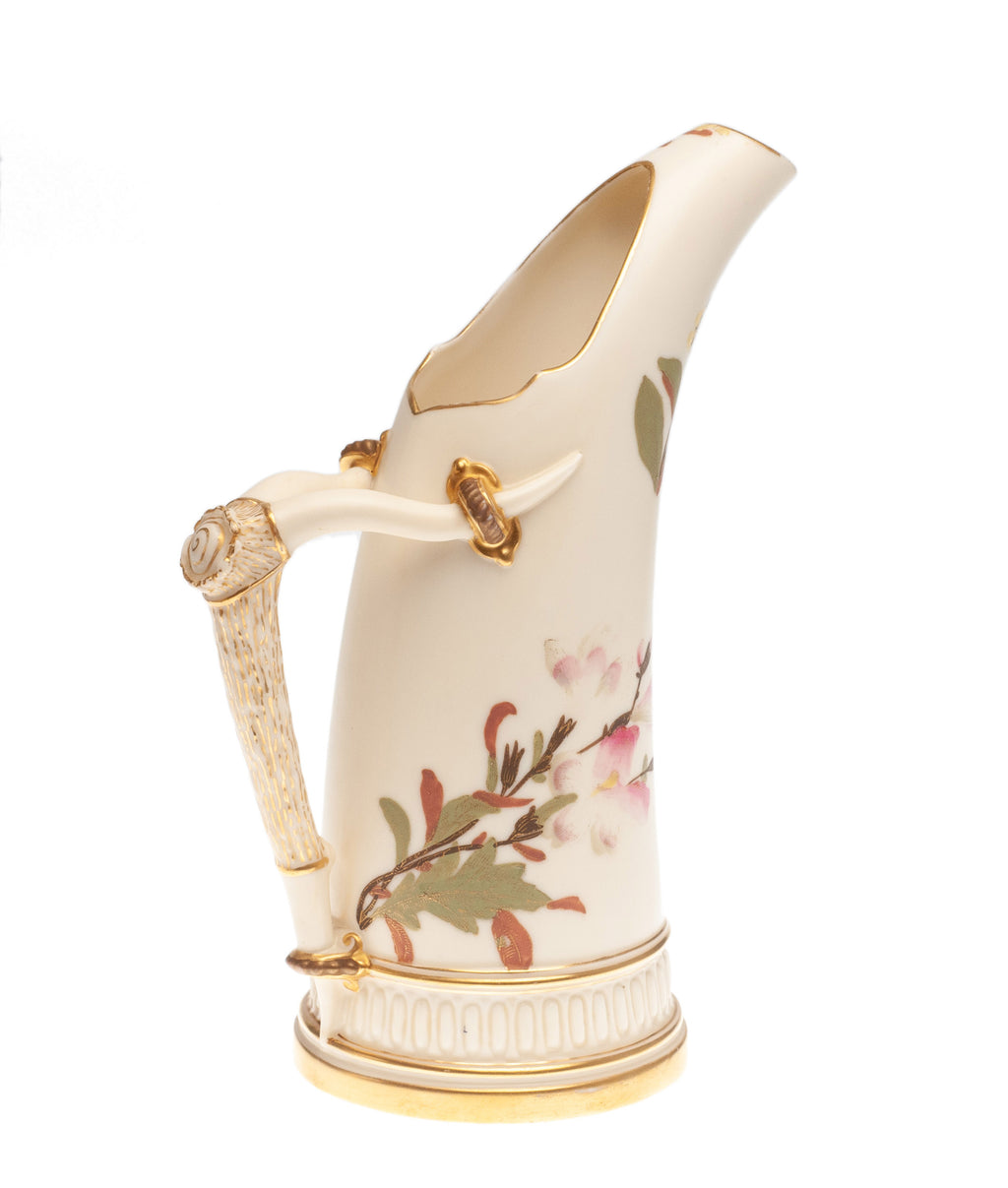 Antique Royal Worcester China Ivory Ground Tusk Jug with Pink & Blue Flowers (Code 2303)