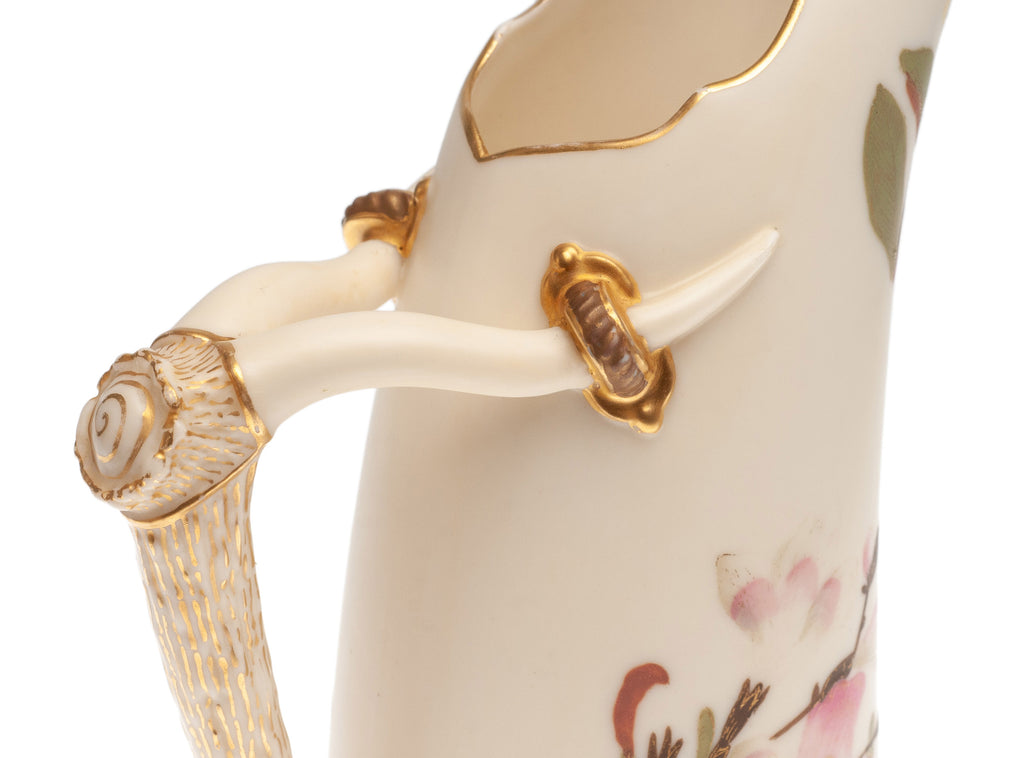 Antique Royal Worcester China Ivory Ground Tusk Jug with Pink & Blue Flowers (Code 2303)