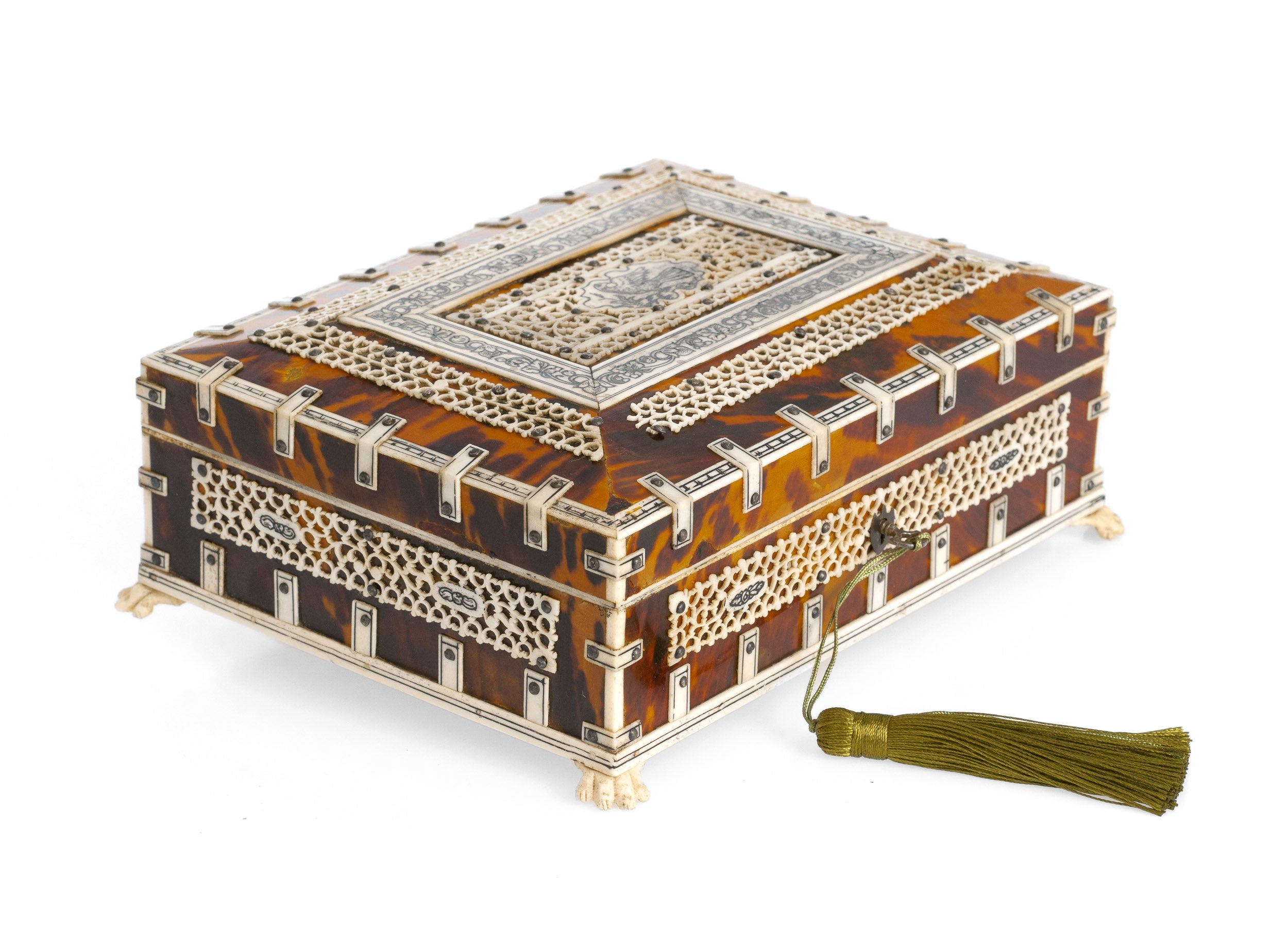 Indian Tortoiseshell & Bone Decorated Jewellery Box Vizagapatam Region c1900 (Code 2319)