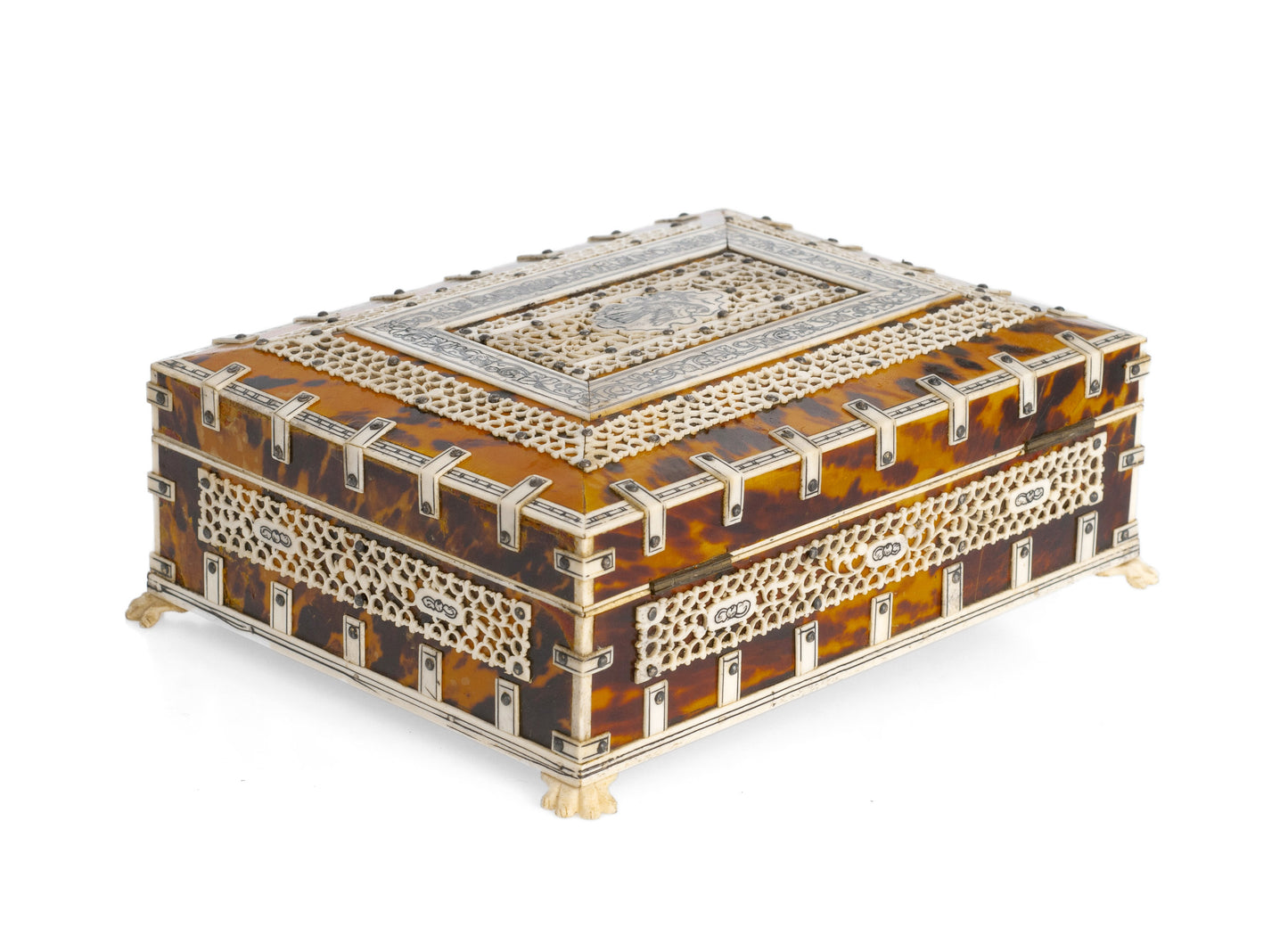 Indian Tortoiseshell & Bone Decorated Jewellery Box Vizagapatam Region c1900 (Code 2319)