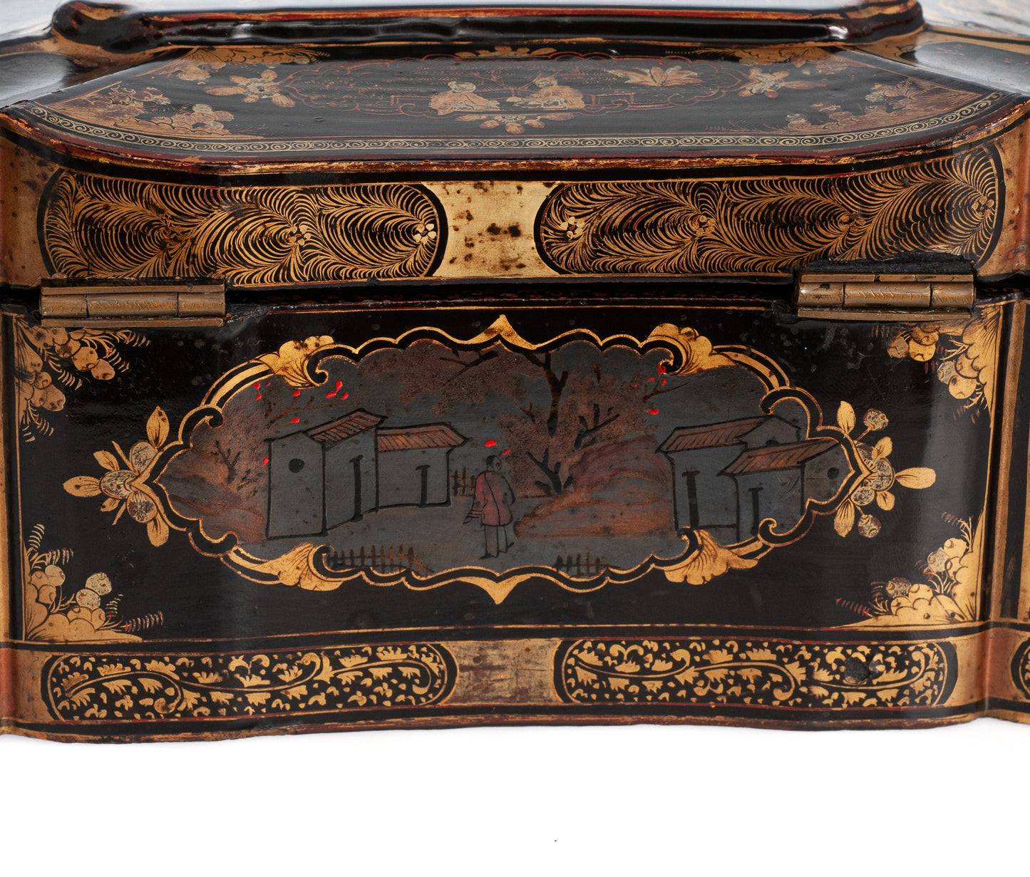 Chinese Antique Tea Caddy Black Lacquer & Gold with Decorative Lead Interior (Code 2320)