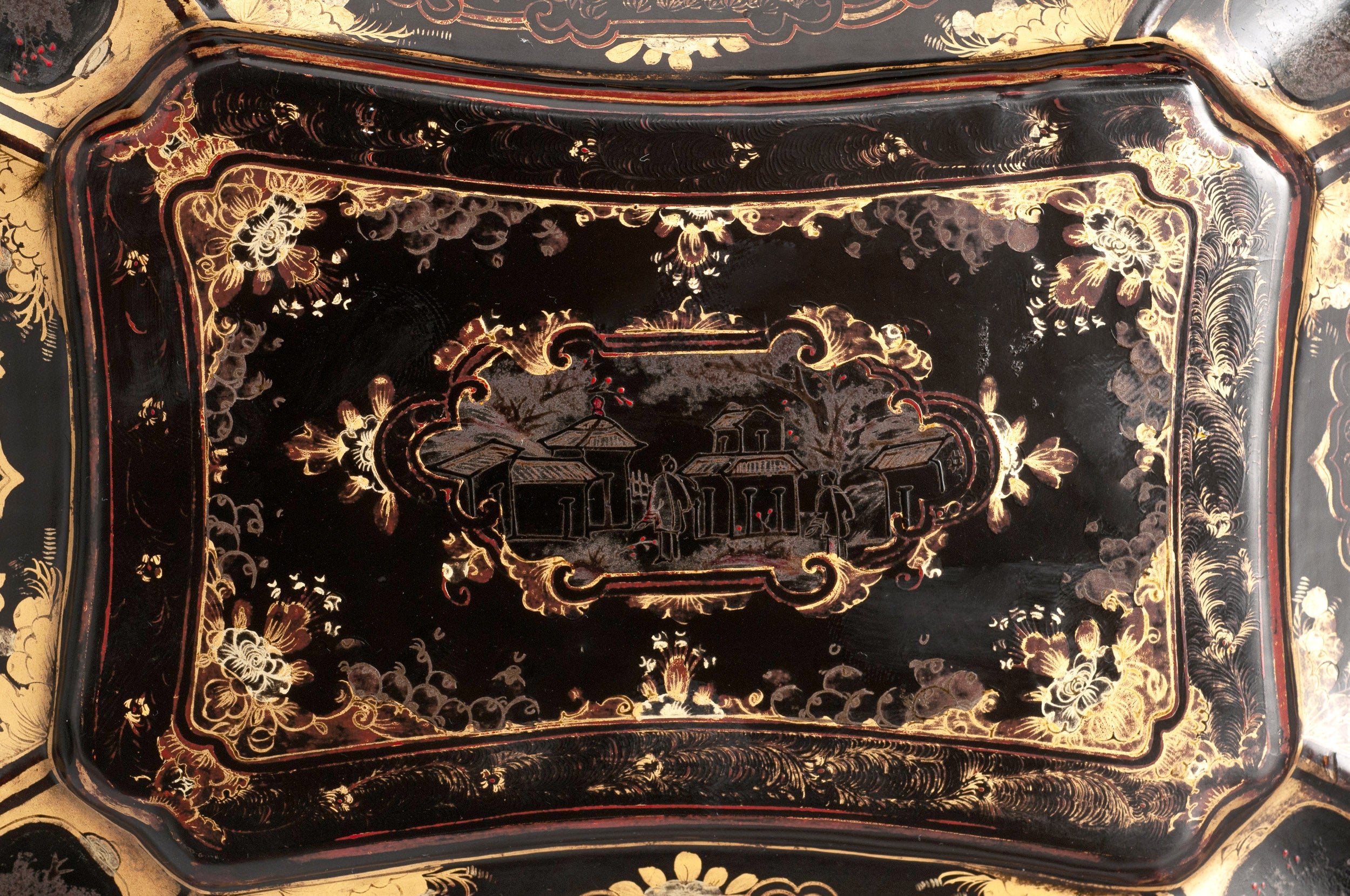 Chinese Antique Tea Caddy Black Lacquer & Gold with Decorative Lead Interior (Code 2320)