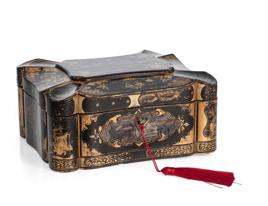 Chinese Antique Tea Caddy Black Lacquer & Gold with Decorative Lead Interior (Code 2320)