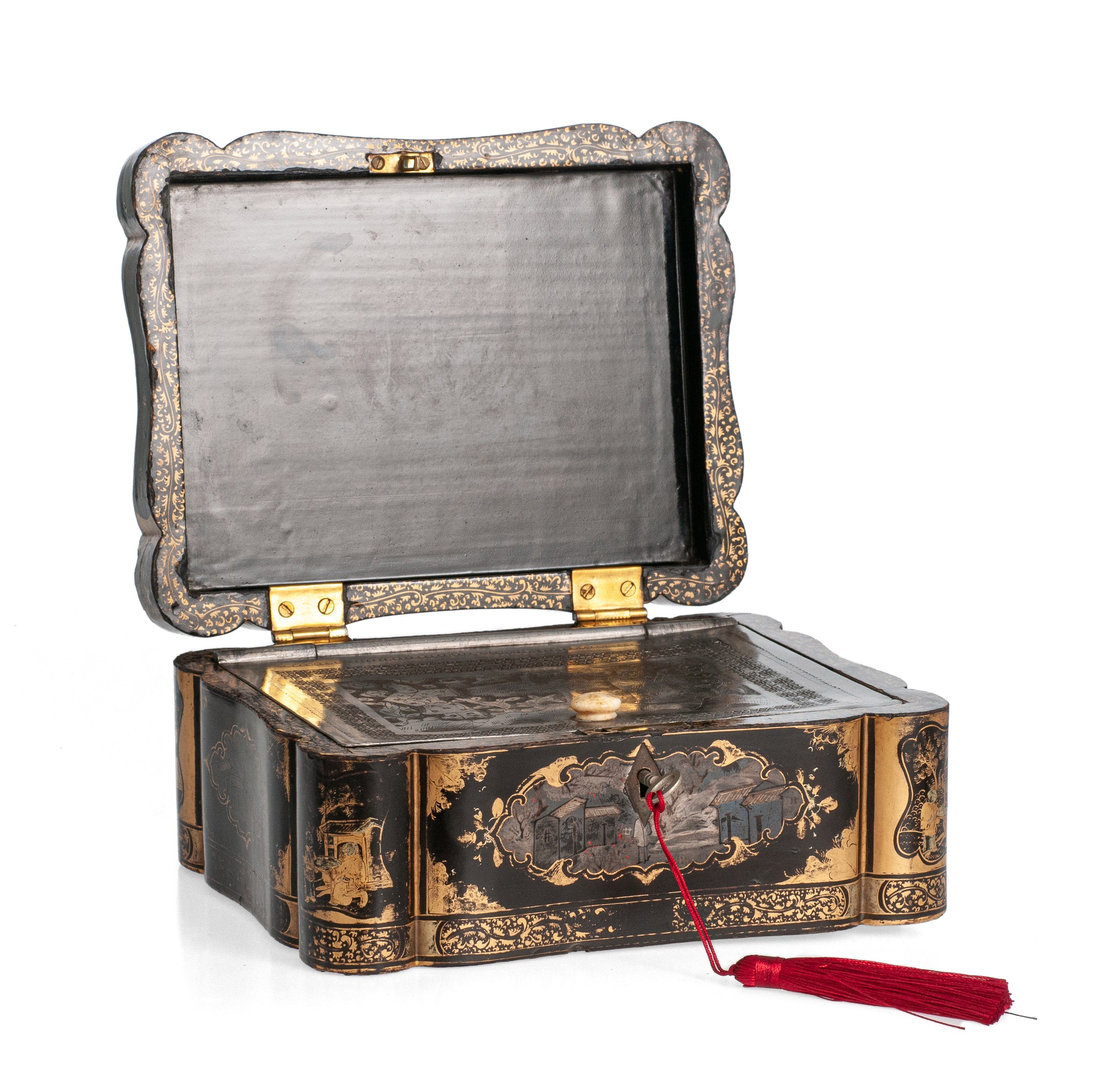 Chinese Antique Tea Caddy Black Lacquer & Gold with Decorative Lead Interior (Code 2320)