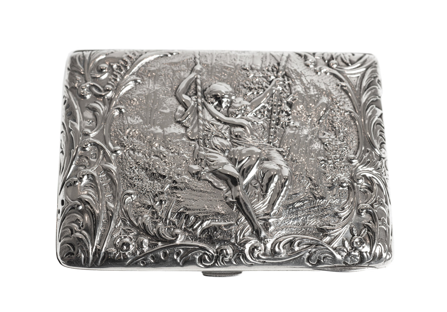 Fine Antique Silver Card Case / Purse Pictorial with Lovers on Swing Silk Lined (Code 2327)