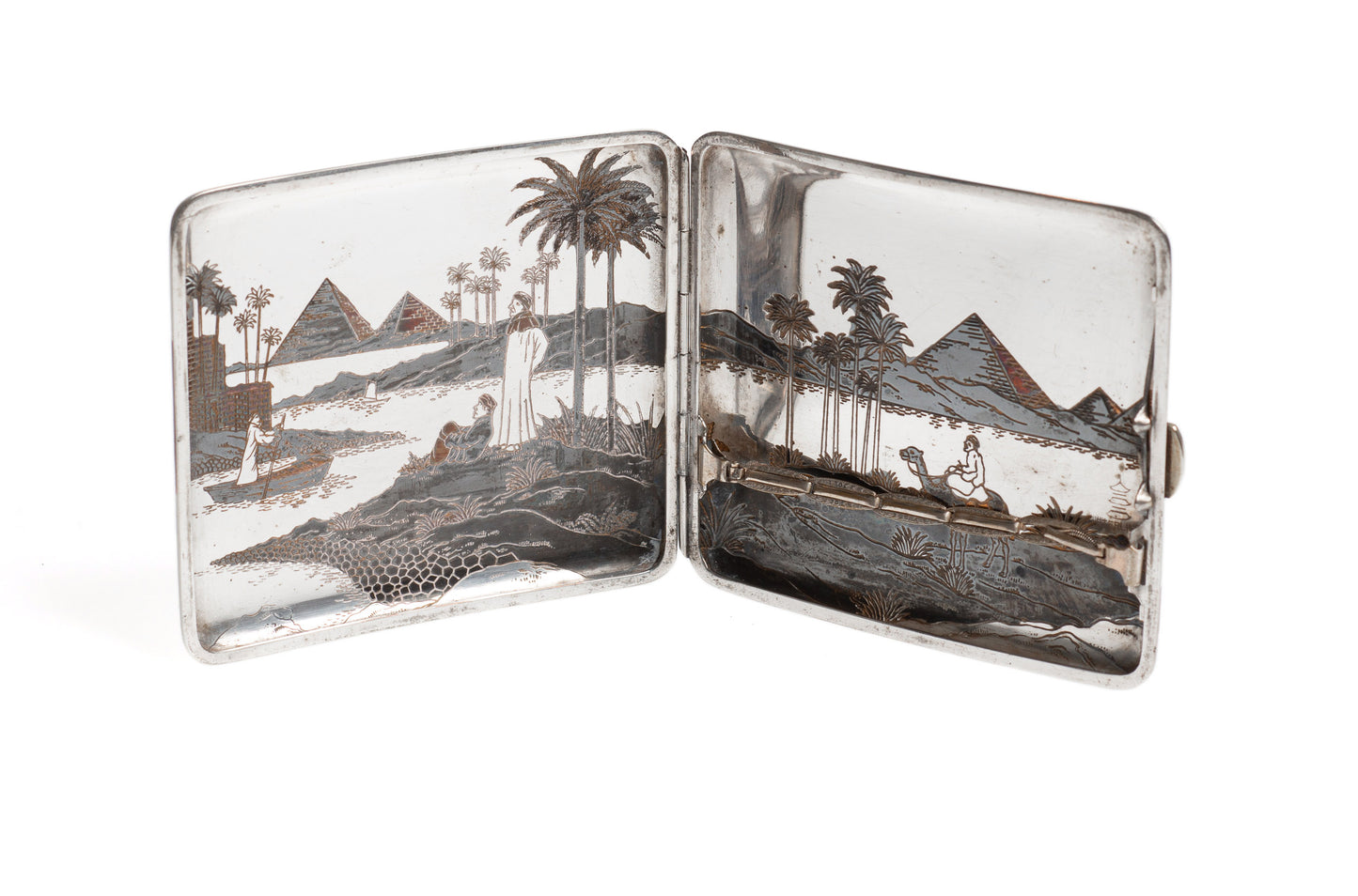 Egyptian Silver Damascene Copper Antique Cigarette Case with Pyramids & Camels (Code 2328)