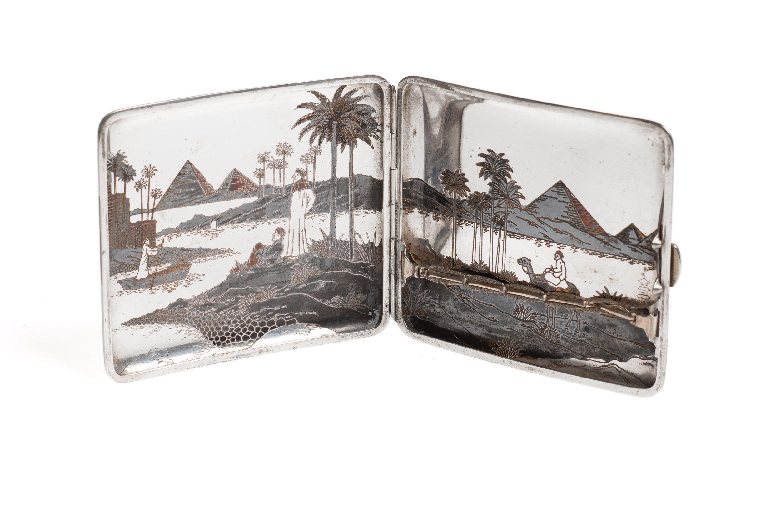 Egyptian Silver Damascene Copper Antique Cigarette Case with Pyramids & Camels (Code 2328)