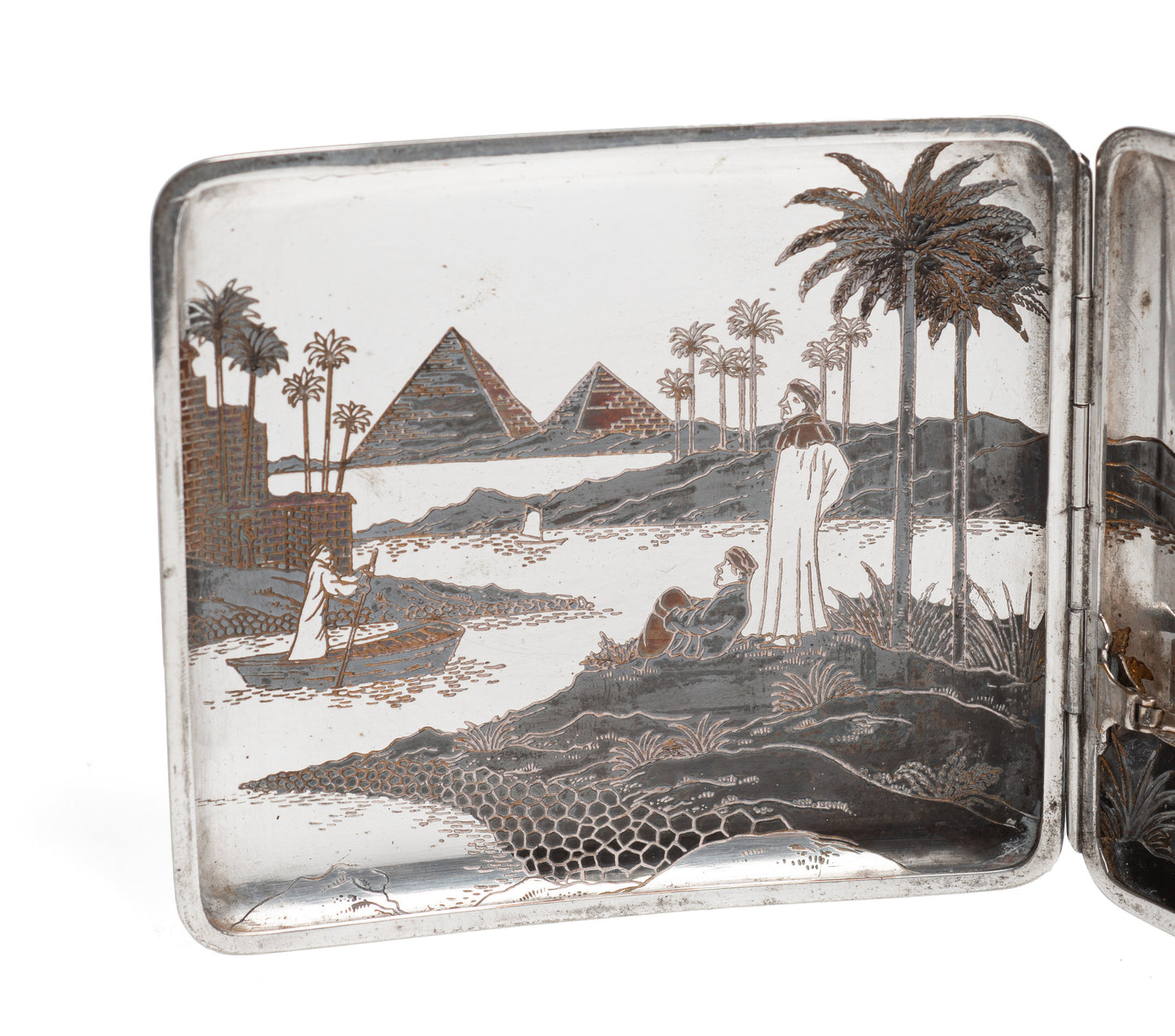 Egyptian Silver Damascene Copper Antique Cigarette Case with Pyramids & Camels (Code 2328)