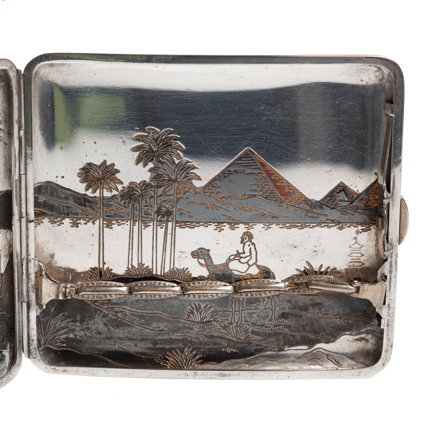 Egyptian Silver Damascene Copper Antique Cigarette Case with Pyramids & Camels (Code 2328)