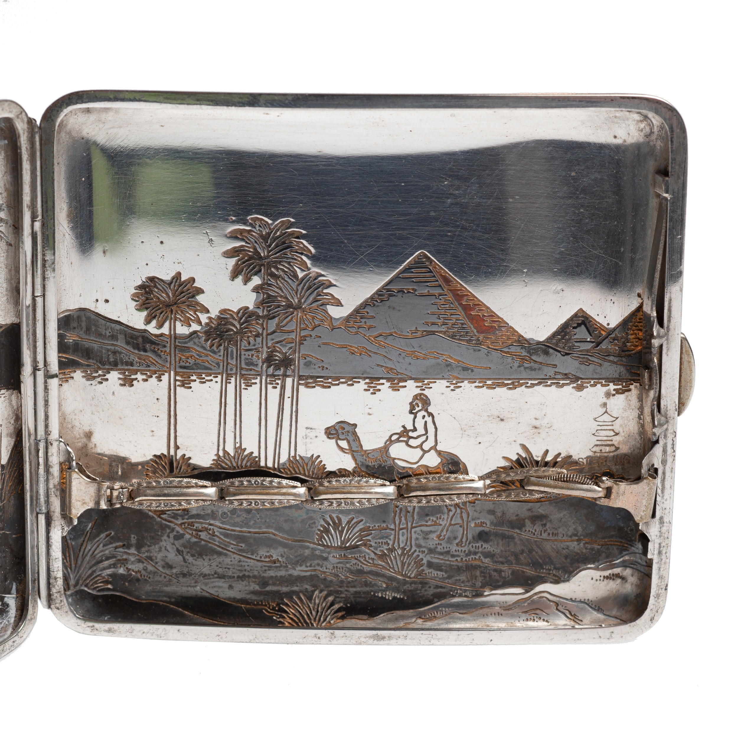 Egyptian Silver Damascene Copper Antique Cigarette Case with Pyramids & Camels (Code 2328)