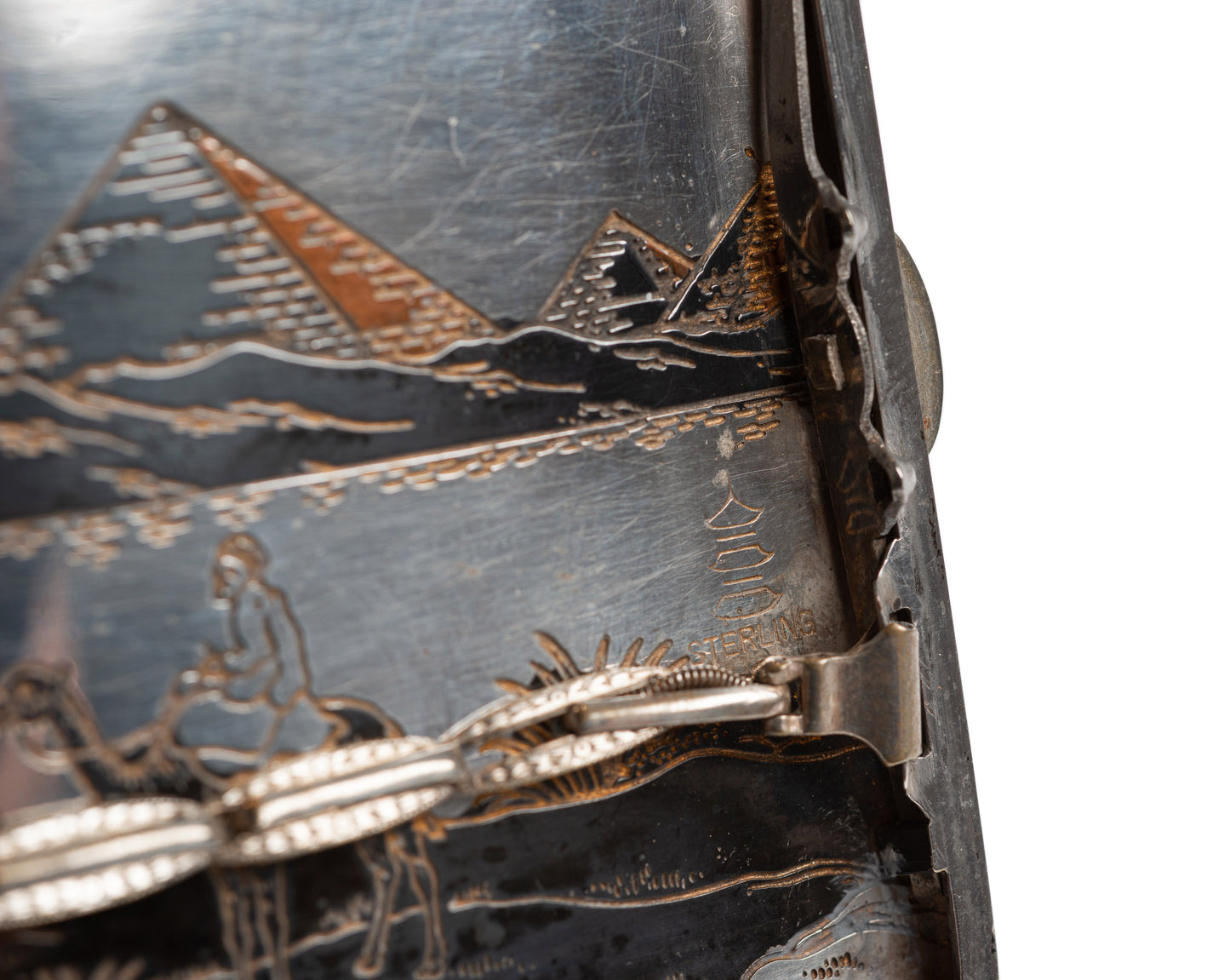 Egyptian Silver Damascene Copper Antique Cigarette Case with Pyramids & Camels (Code 2328)