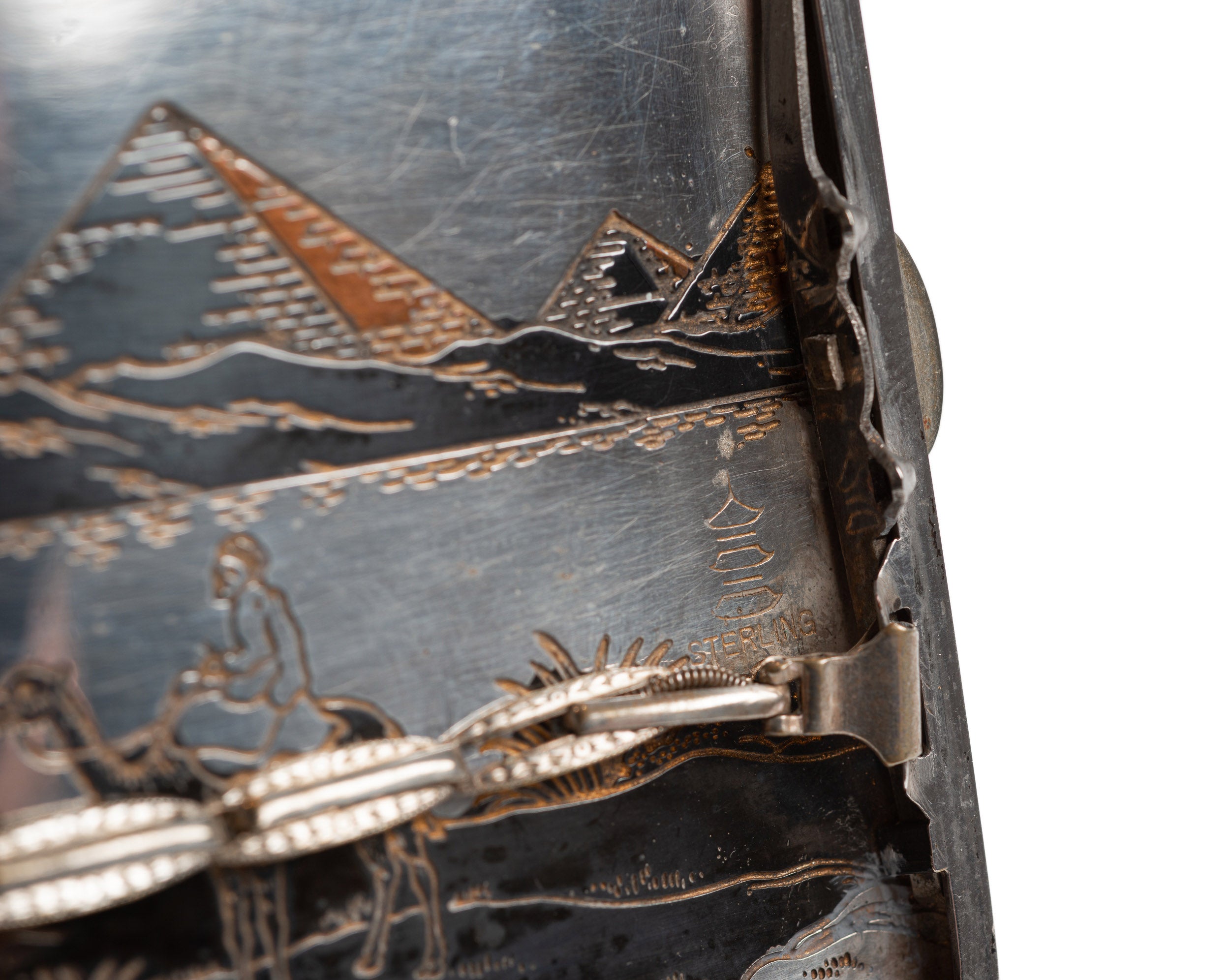 Egyptian Silver Damascene Copper Antique Cigarette Case with Pyramids & Camels (Code 2328)