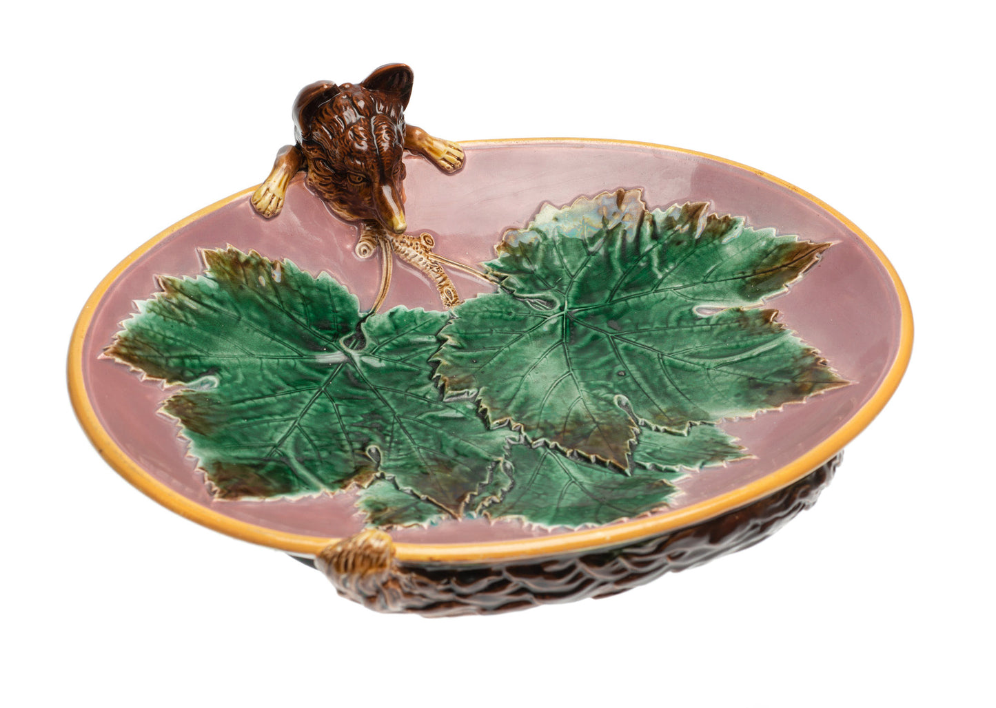 Antique George Jones Majolica Fox Head Strawberry Serving Dish - Victorian c1869 (Code 2376)