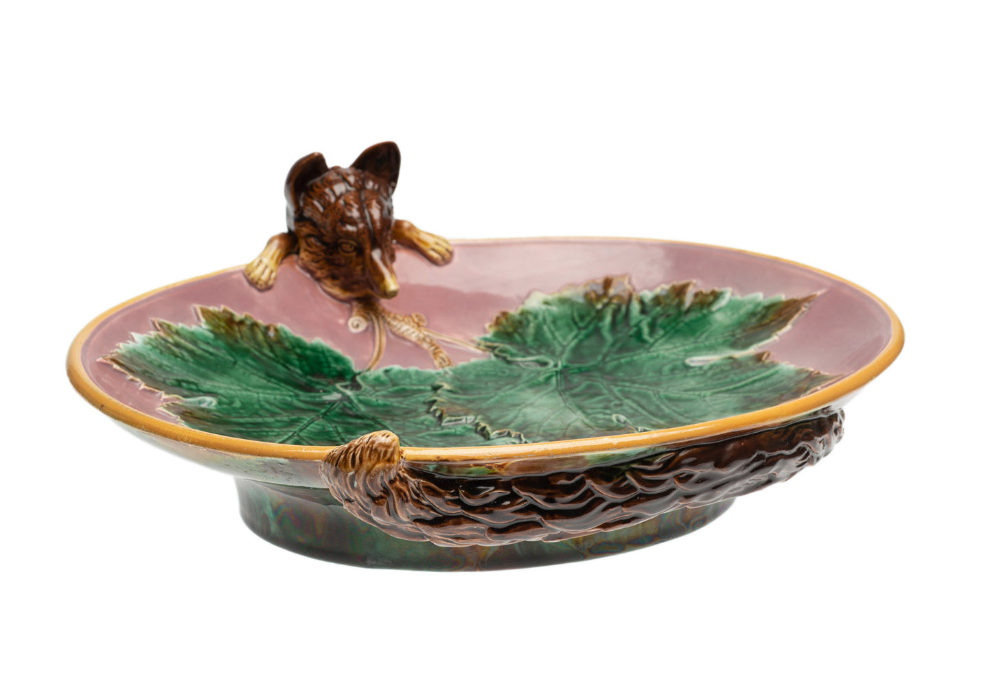 Antique George Jones Majolica Fox Head Strawberry Serving Dish - Victorian c1869 (Code 2376)