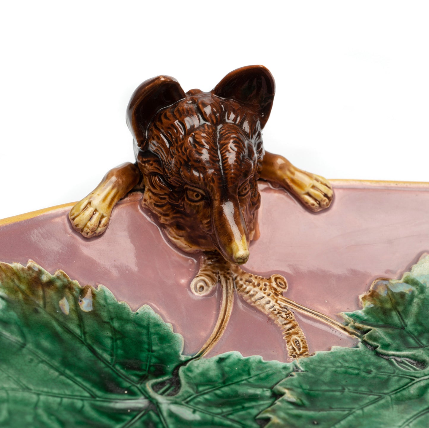 Antique George Jones Majolica Fox Head Strawberry Serving Dish - Victorian c1869 (Code 2376)