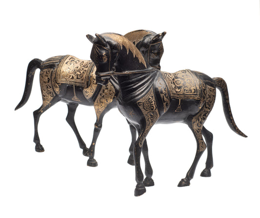 Pair Vintage/Antique Indo-Persian Cast Brass & Etched Arabian Horse Models (Code 2378)