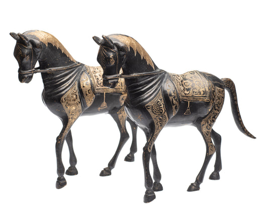 Pair Vintage/Antique Indo-Persian Cast Brass & Etched Arabian Horse Models (Code 2378)