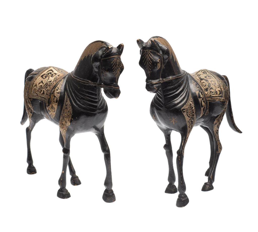 Pair Vintage/Antique Indo-Persian Cast Brass & Etched Arabian Horse Models (Code 2378)